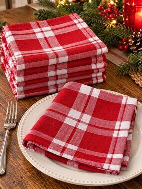 Peppermint Place Set Of 8 Red White Buffalo Check Festive 18in x 18in Napkins